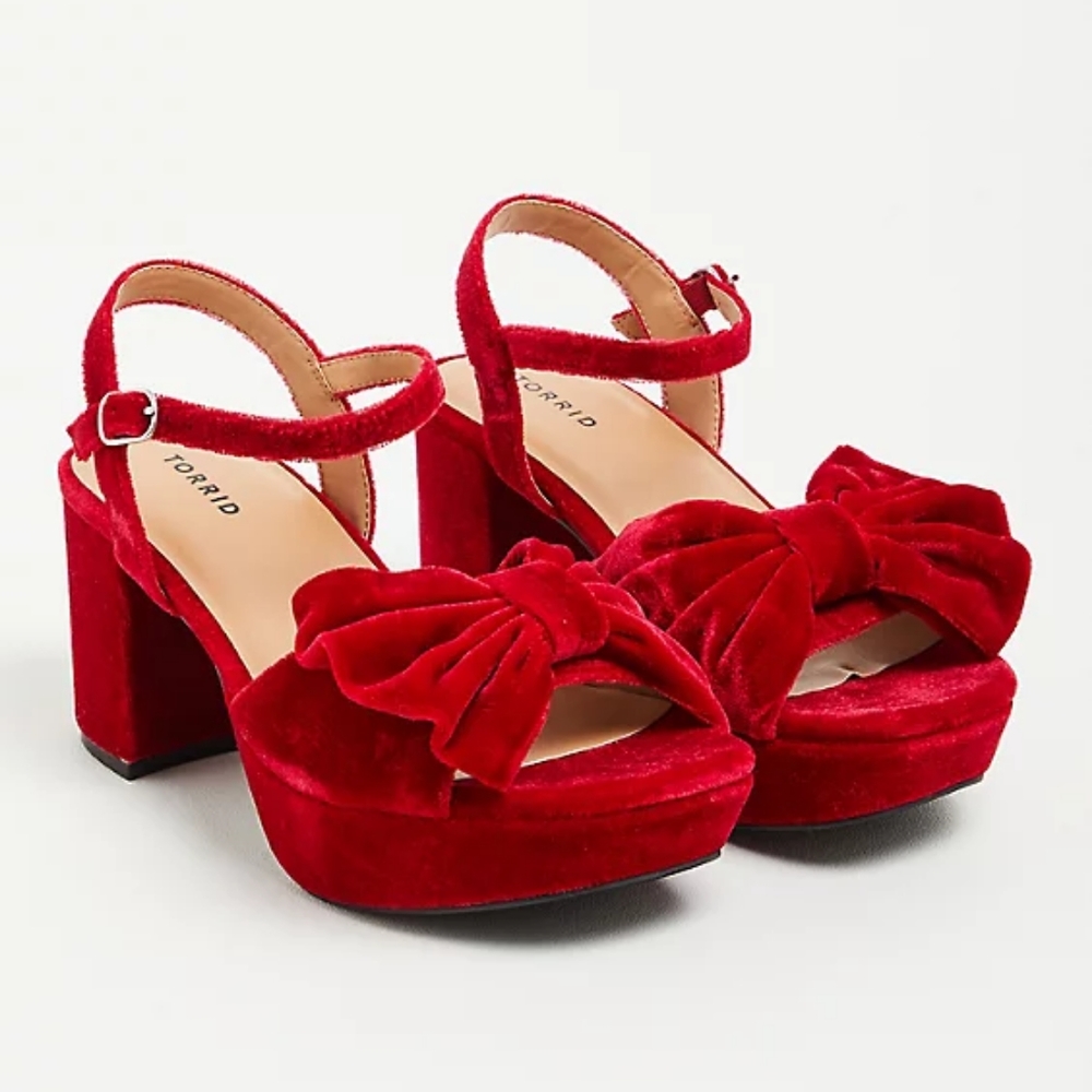 Torrid Red Bow Velvet Platform Block Heels